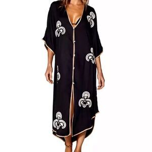 Black White Embroidery Gold Trim Button Down Kaftan Maxi Kimono Robe NEW